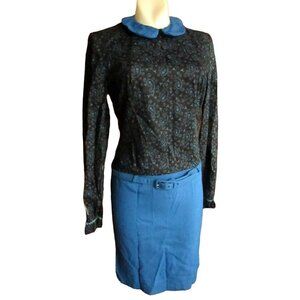 Vintage Womens Dress sz 4-6 70s BLACK/BLUE BELTED MOD PASILEY MOD Lois Ann Jrs